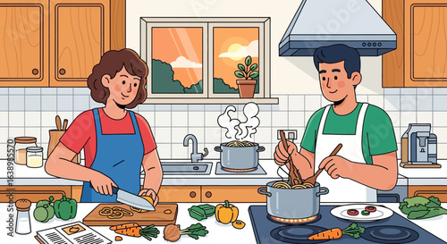 A couple cooking together in a kitchen, preparing a meal with fresh vegetables and pots on the stove.