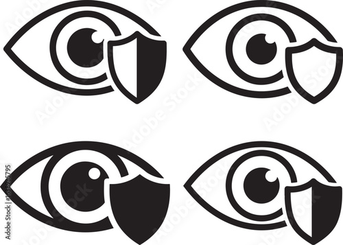 Four stylized eye icons with protective shields in a clean silhouette design