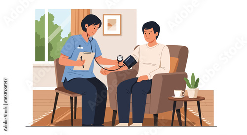 Nurse taking a patient's blood pressure in a home setting, using a sphygmomanometer and clipboard.