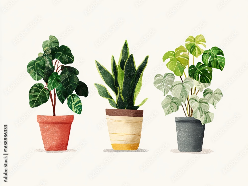 Fototapeta premium Watercolor illustration of three different potted plants on a light neutral background