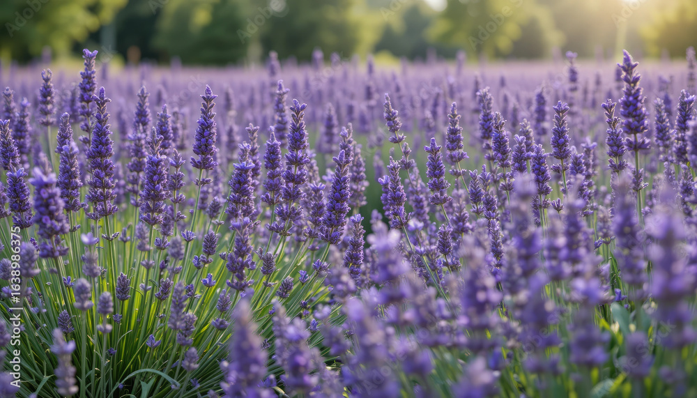 Naklejka premium Vibrant lavender field bathed in soft golden sunlight, creating a serene and fragrant natural landscape.
