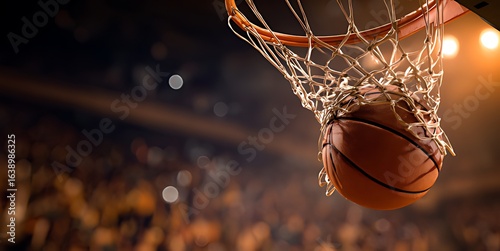 Basketball Swishing Through the Net in a Thrilling Game, A close-up shot of a basketball about to enter the hoop, with a blurry background of a packed basketball arena.