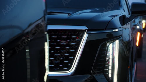 Luxury black SUV convoy driving through city streets at night with LED headlights illuminated. Vehicles appear as part of a formal security escort or wedding procession. Modern cars of protection