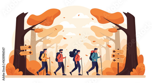 A group of four hikers with backpacks and walking sticks are walking through a forest in autumn.