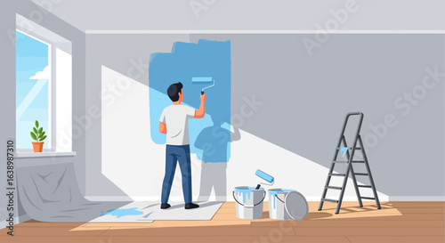 A man painting a wall blue with a roller, with paint buckets and a ladder nearby.