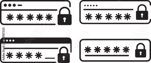 Four stylized login screens with password fields and padlocks silhouette