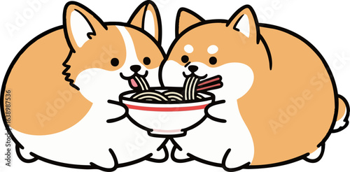 Corgi and Shiba Inu Sharing Noodles - Foodie Friends