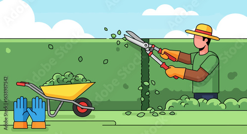 Gardener trimming a hedge with shears, with a wheelbarrow and gloves nearby, under a blue sky with clouds.