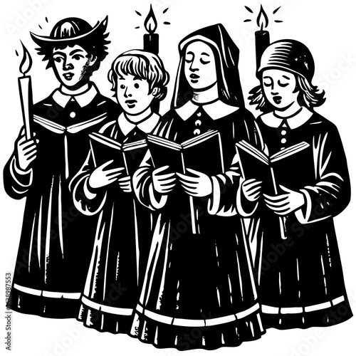 Choir singing christmas carols isolated on white background in black and white