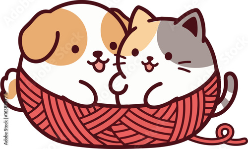 Dog and Cat Tangled in Yarn