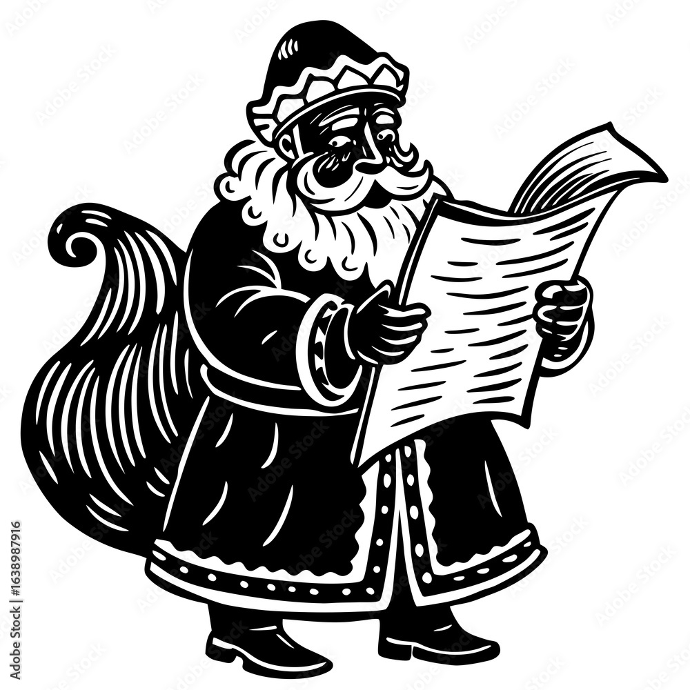 Fototapeta premium Santa claus reading a list from his sack isolated on white background