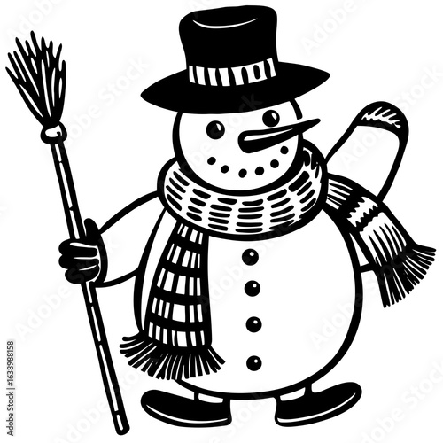 Cheerful snowman with broom and scarf isolated on white background