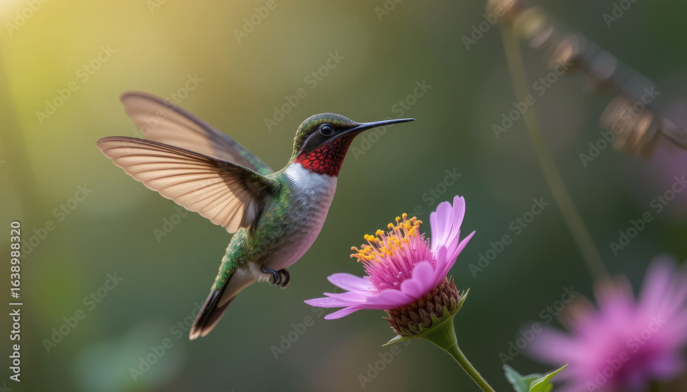 Fototapeta premium Stunning ruby throated hummingbird hovers near vibrant pink flower, capturing nature's delicate dance in sunlight.