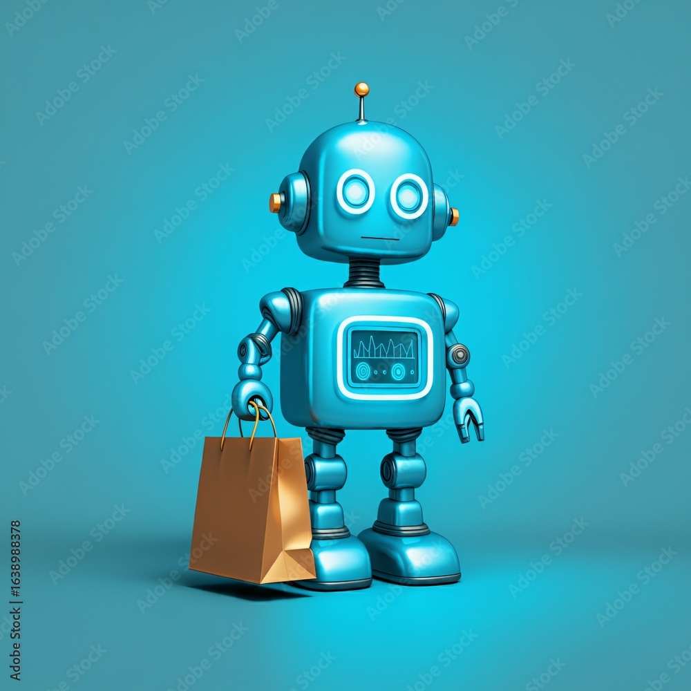 Naklejka premium A charming blue vintage-style robot holding a shopping bag, symbolizing the future of artificial intelligence in e-commerce and retail automation