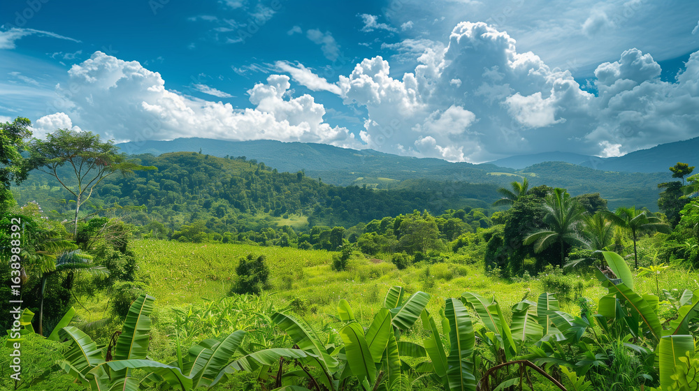 Obraz premium Lush Green Landscape in Guaviare. A vibrant view of dense tropical vegetation in Guaviare, Colombia, showcasing an abundance of greenery under a bright blue sky
