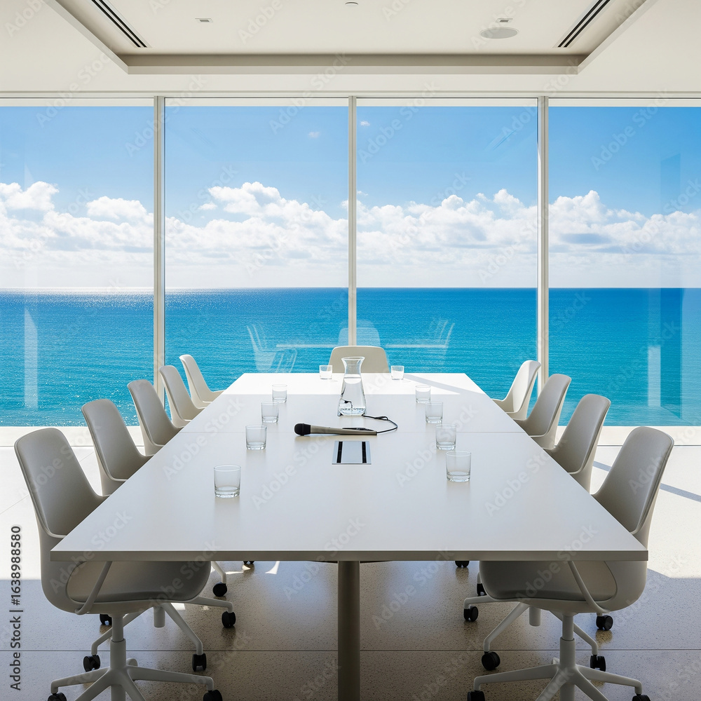 Fototapeta premium modern office interior with table and chair. interior of a modern office corporate room. Bright minimalist conference room with ocean view.