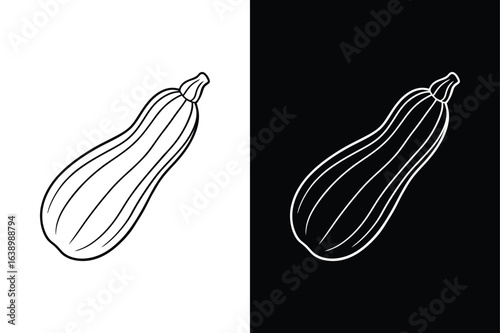 Minimal Zucchini Line Art Icon on Teal Background. Simple Black Stroke Design