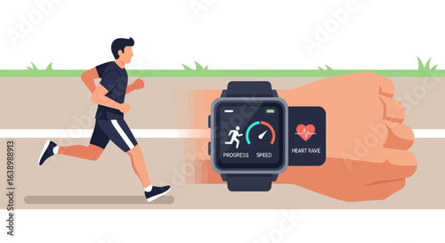 Illustration of a man running outdoors with a smartwatch displaying progress, speed, and heart rate on a wrist.