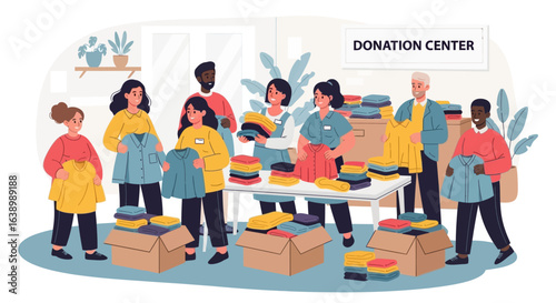 Volunteers sort and organize clothing donations at a donation center, preparing items for distribution.