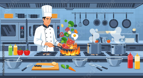 A chef in a professional kitchen is cooking food, tossing vegetables and meat in a pan over a flaming stove.