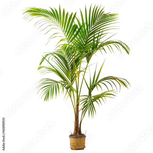 Indoor potted palm tree on black background, home decor