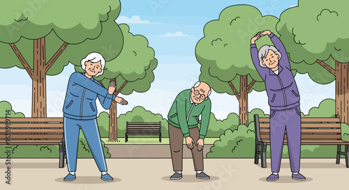 Three elderly people exercising in a park, stretching and staying active.