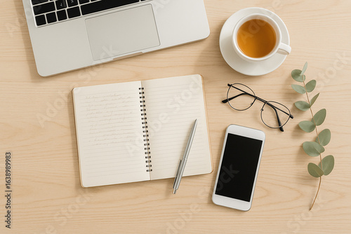 Top view of a light wood desk with laptop, cup of tea, spiral notebook with pen, smartphone, eyeglasses and a eucalyptus sprig. Soft daylight, clean minimal workspace scene.