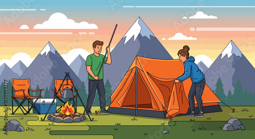 Illustration of a couple setting up an orange tent at a campsite with mountains, campfire, and chairs in the background.