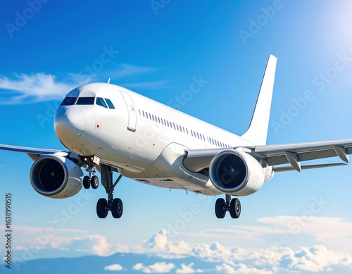 White passenger jet descends through a partly cloudy sky above mountaintops