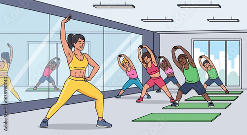 A group of people participating in a fitness class, led by an instructor.
