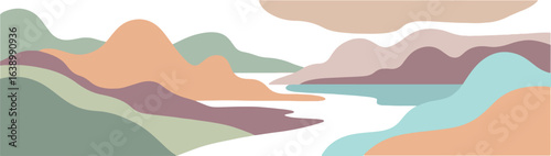 Abstract minimalist landscape with flowing river and rolling hills in muted pastel colors creating a serene and tranquil natural scene