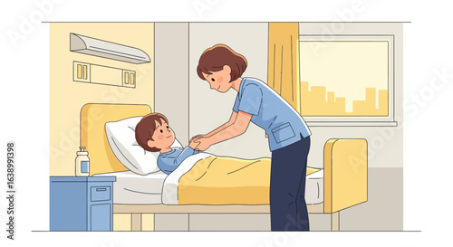 Nurse tending to a young boy lying in a hospital bed, checking his vitals in a bright room.