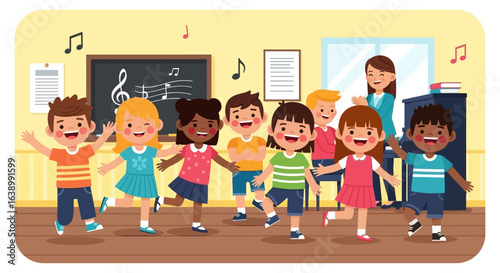 Happy diverse children joyfully sing in a classroom with their teacher at the piano.