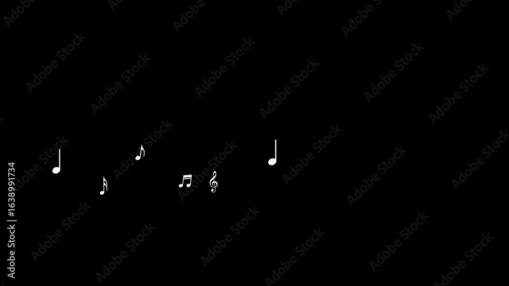 Animated white notes flying from left to right. Wave of flying notes. Music concept. Vector illustration isolated on a black background.
