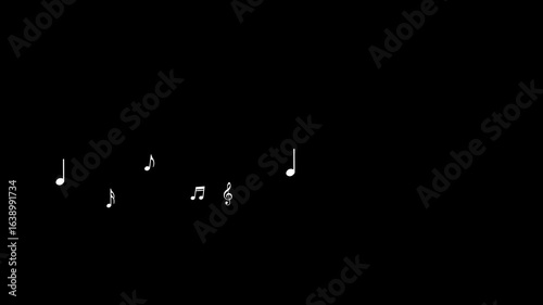Animated white notes flying from left to right. Wave of flying notes. Music concept. Vector illustration isolated on a black background.