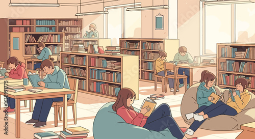 Students and adults in a brightly lit school library, engaged in reading and studying.