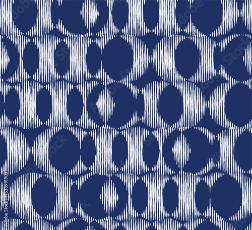 Hand drawn abstract seamless circle pattern with vertical line texture in  blue and white. Modern and organic, perfect for textiles, wallpaper, and stylish graphic design.
