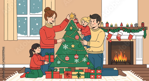 A family decorates a Christmas tree with ornaments and a star, with presents underneath, in a cozy living room setting.