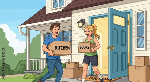 A young couple moves into a new house, carrying boxes labeled "Kitchen" and "Books".