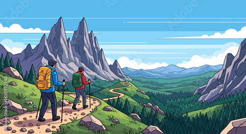 Two hikers with backpacks and trekking poles walk along a mountain trail overlooking a valley with jagged peaks.