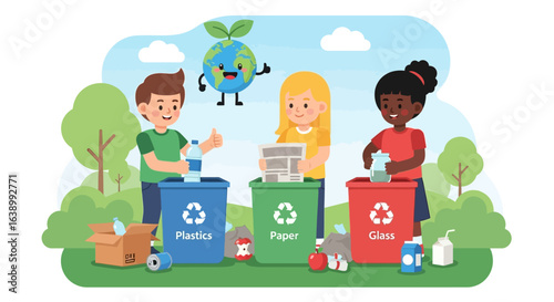 Children happily sorting recycling materials into designated bins with a smiling Earth.