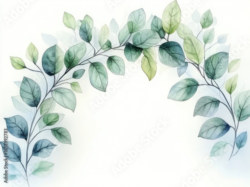 Delicate watercolor painting of intertwined green and blue leaves forming a gentle arch on a white background conveying calm and natural elegance