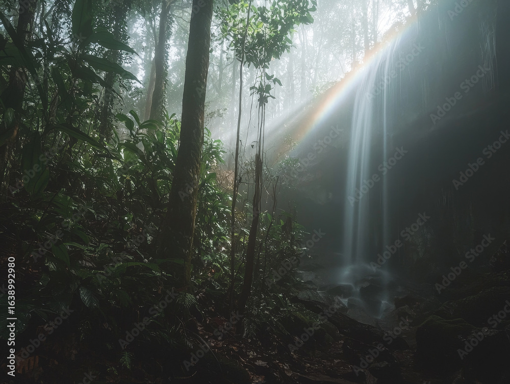 Fototapeta premium Misty rainforest waterfall with rainbow