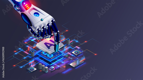 AI or artificial intelligence chip technology, chip concept. Robot or cyborg hand install electronic processor chip or CPU with AI. Cyborg arm places AI chip. AI robot future electronics industries.