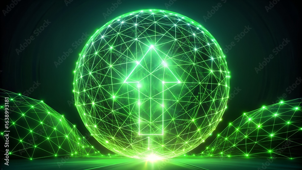 Obraz premium Glowing green networked sphere with upward arrow isolated on transparent background