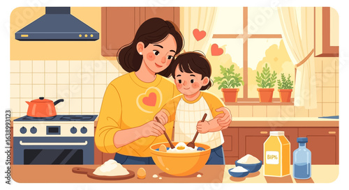 A mother and child happily mixing ingredients in a kitchen, a heartwarming illustration of a family bonding over baking.