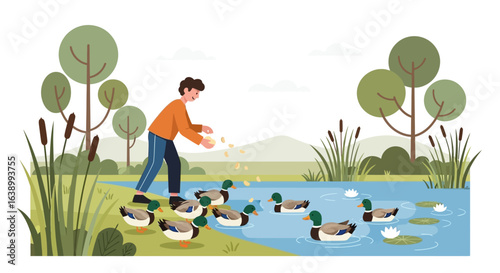 A man is feeding a group of ducks near a pond surrounded by trees and plants in a park setting.
