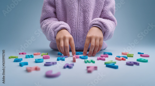 Child arranging colorful alphabet letters on table wearing cozy purple sweater back to school learning concept