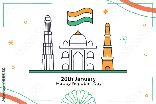 Indian Republic Day celebration with iconic landmarks and flag 26th january