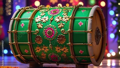 Decorated green traditional dhol festive